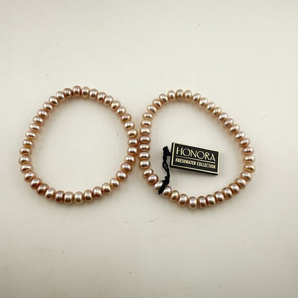 Honora Pearl Bracelet Stretch Set of 2 Pearls Blush Pink Pastel Stack Stackable - Picture 2 of 8